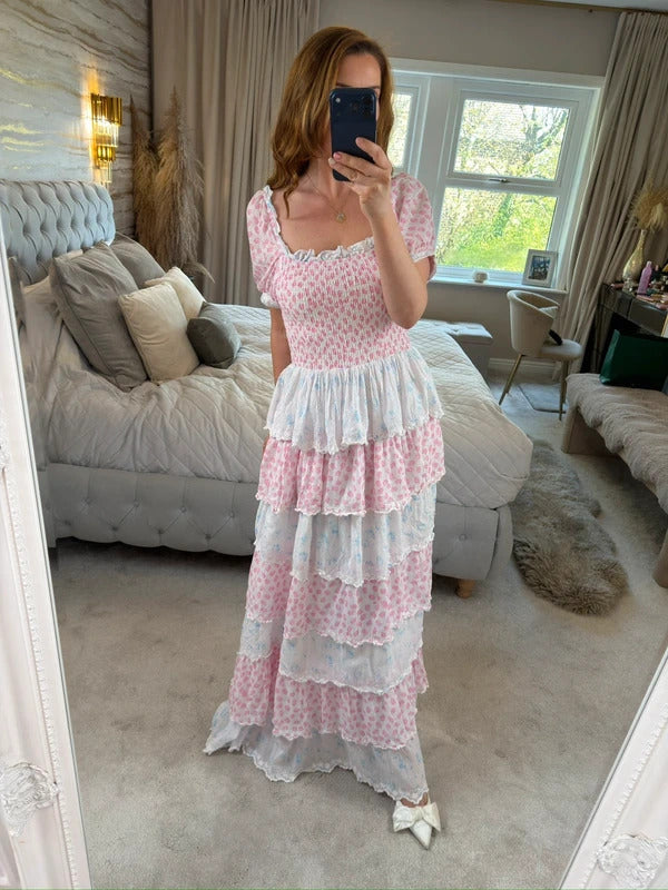 Amy Jane London Luna Pink & Blue Floral Tiered Maxi Dress Medium
