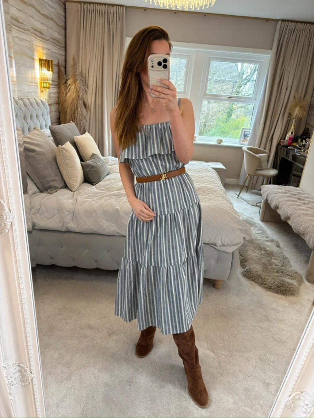 Michael Kors Stripe Tiered Linen Mix Midi Dress XS