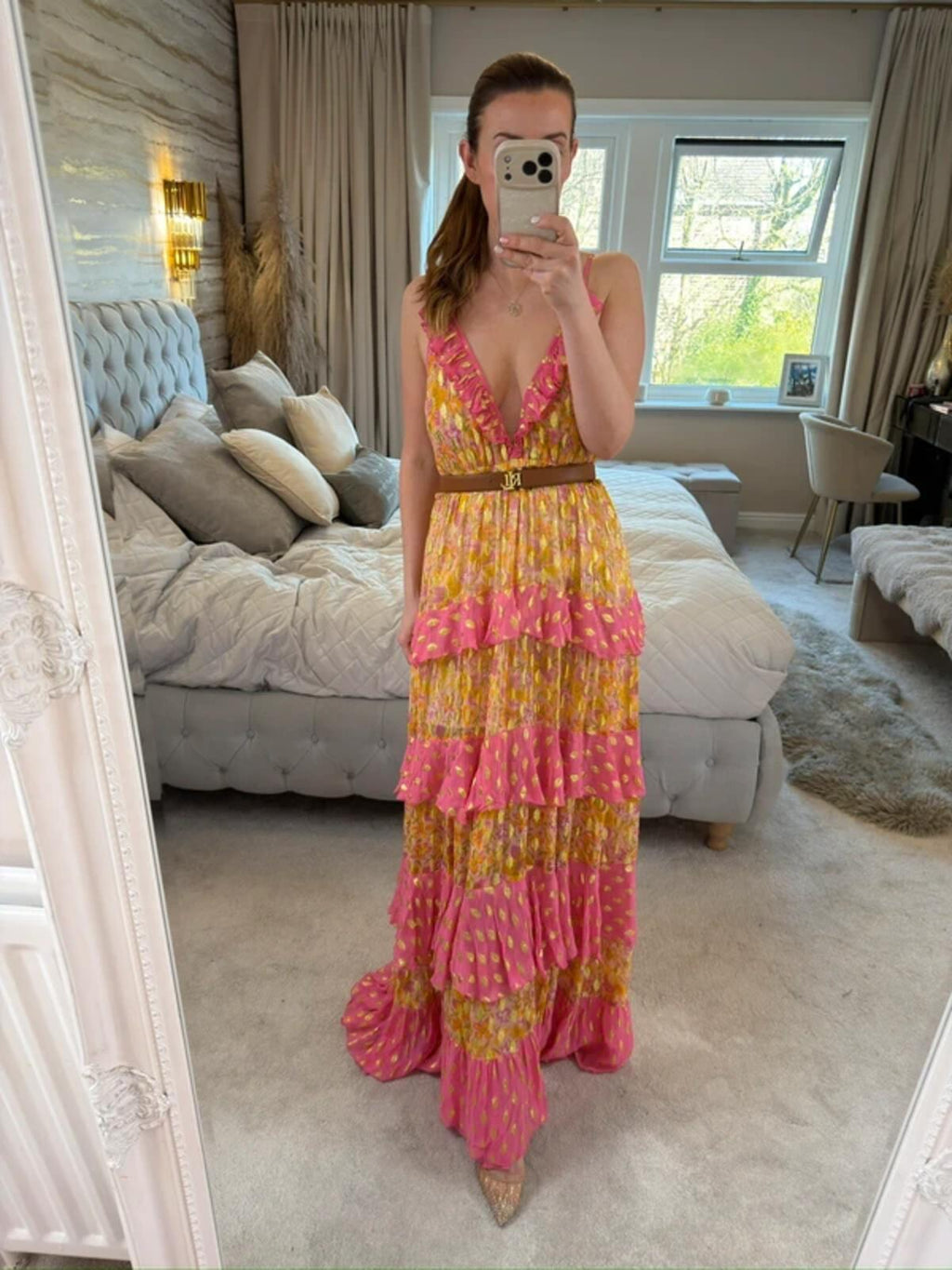Miss June Pink & Gold Bohemian Maxi Dress One Size