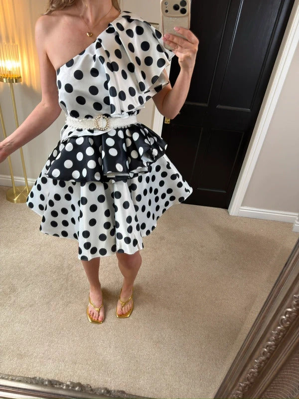 BNWT Forever Unique Black & White Polka Dot Layered One Shoulder Dress 8