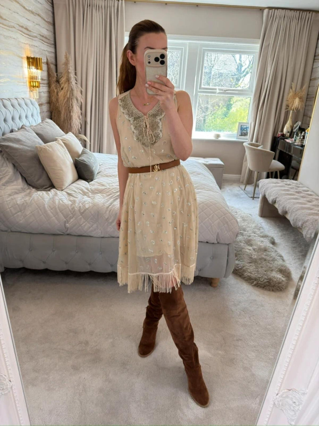 ⭐ Shilpavan Decor Exclusive Beige Boho Tassel Embellished Dress Medium