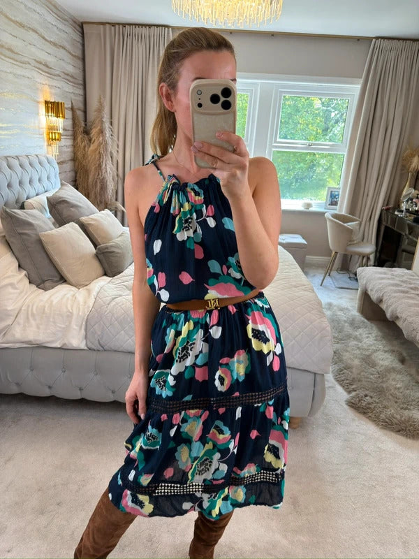 M&S Navy Floral Tassel Beach Sundress 8