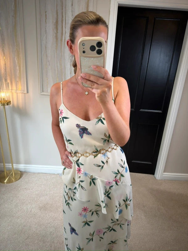 M&S White Floral & Bird Layered Midi Slip Dress 10