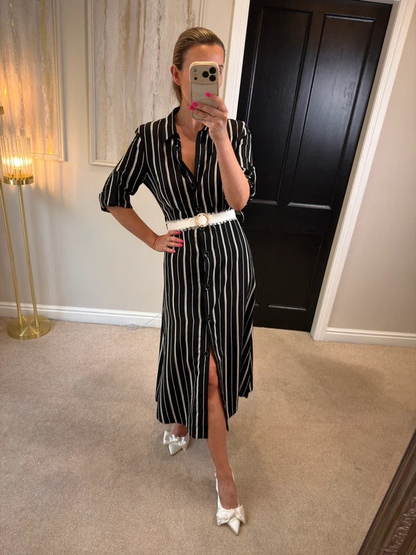 Riani Black & White Striped Shirt Dress Short Sleeve Size 10