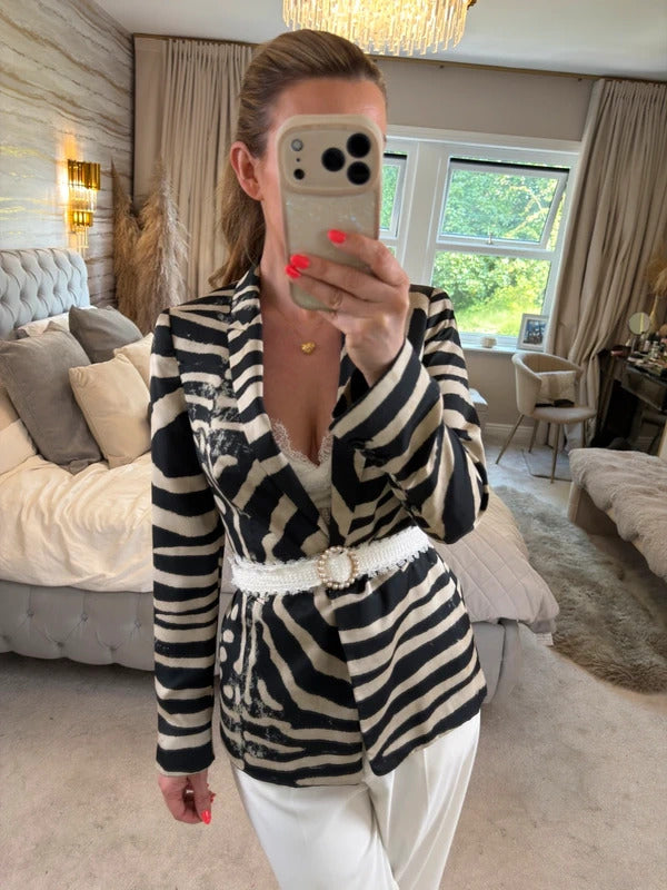 Zara Black & Cream Animal Print Blazer Small