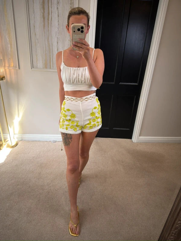 Topshop White & Green Embroidered Shorts 8