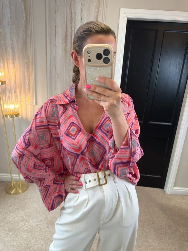 BNWT Gold & Silver Paris Pink Satin Oversized Blouse One Size