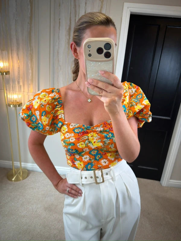 Zara Orange Puff Sleeve Crop Top 8/10