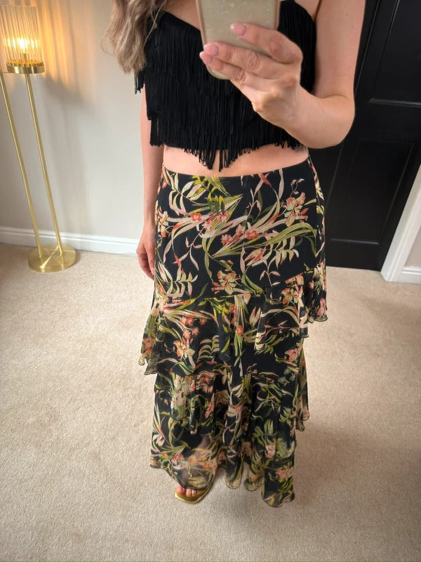 M&S Black Floral Tiered Maxi Skirt 10
