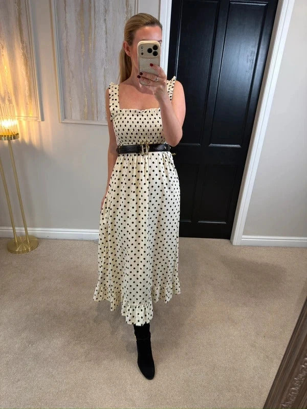 Zara Cream & Black Polka Dot Midi Dress Small