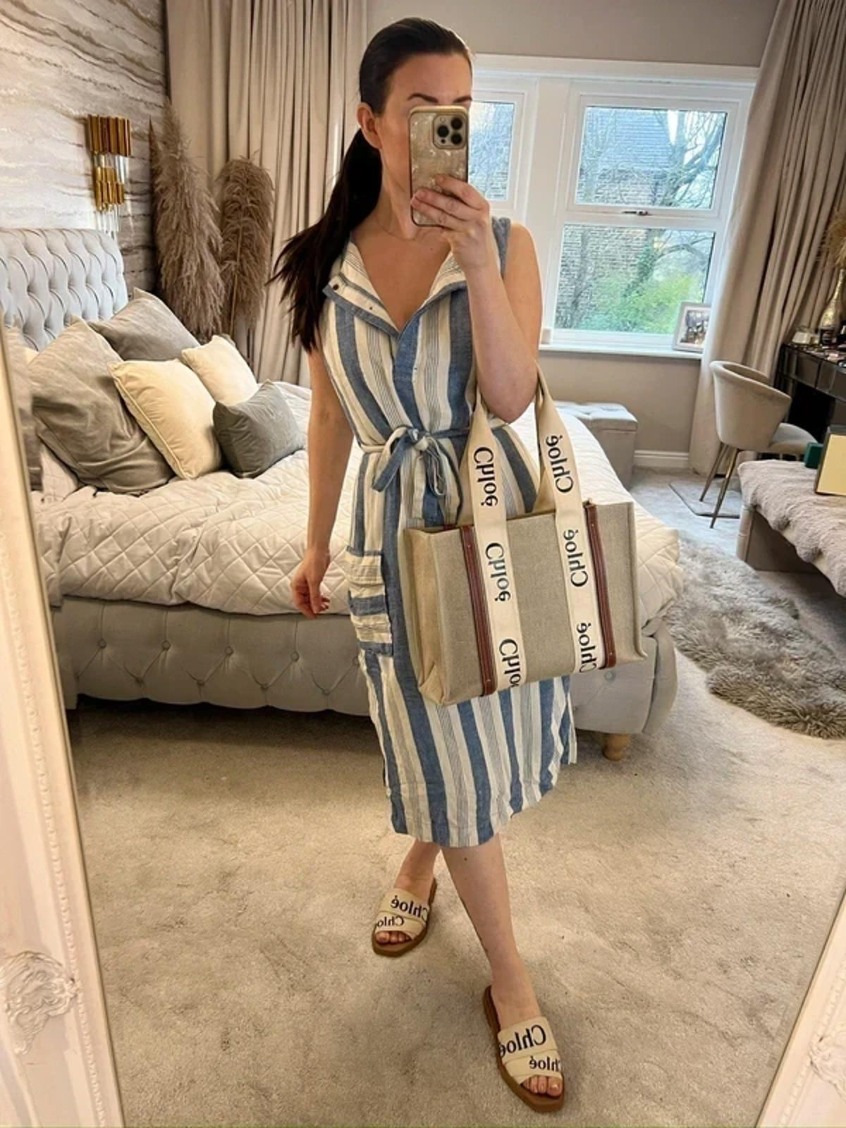 Cream & Blue Stripe Belted Midi Dress 12
