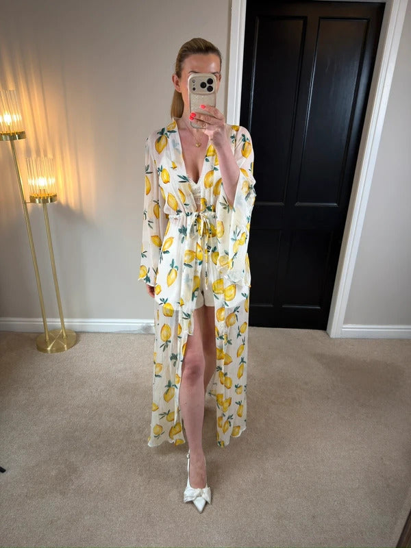 Alexandra Miro Chloe Gown Sorento White Lemon Maxi Kimono Small