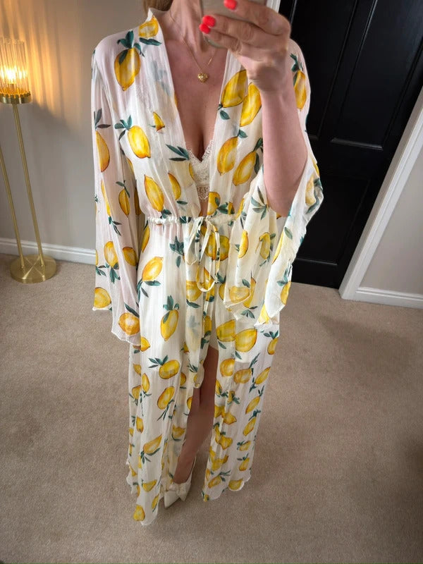 Alexandra Miro Chloe Gown Sorento White Lemon Maxi Kimono Small