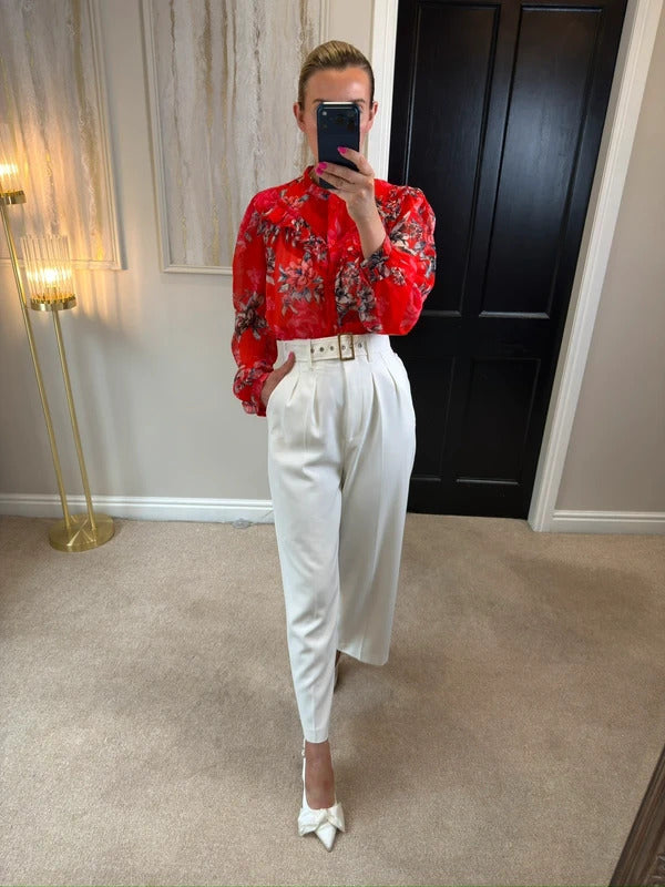 French Connection Red Sheer Floral Frill Blouse 10