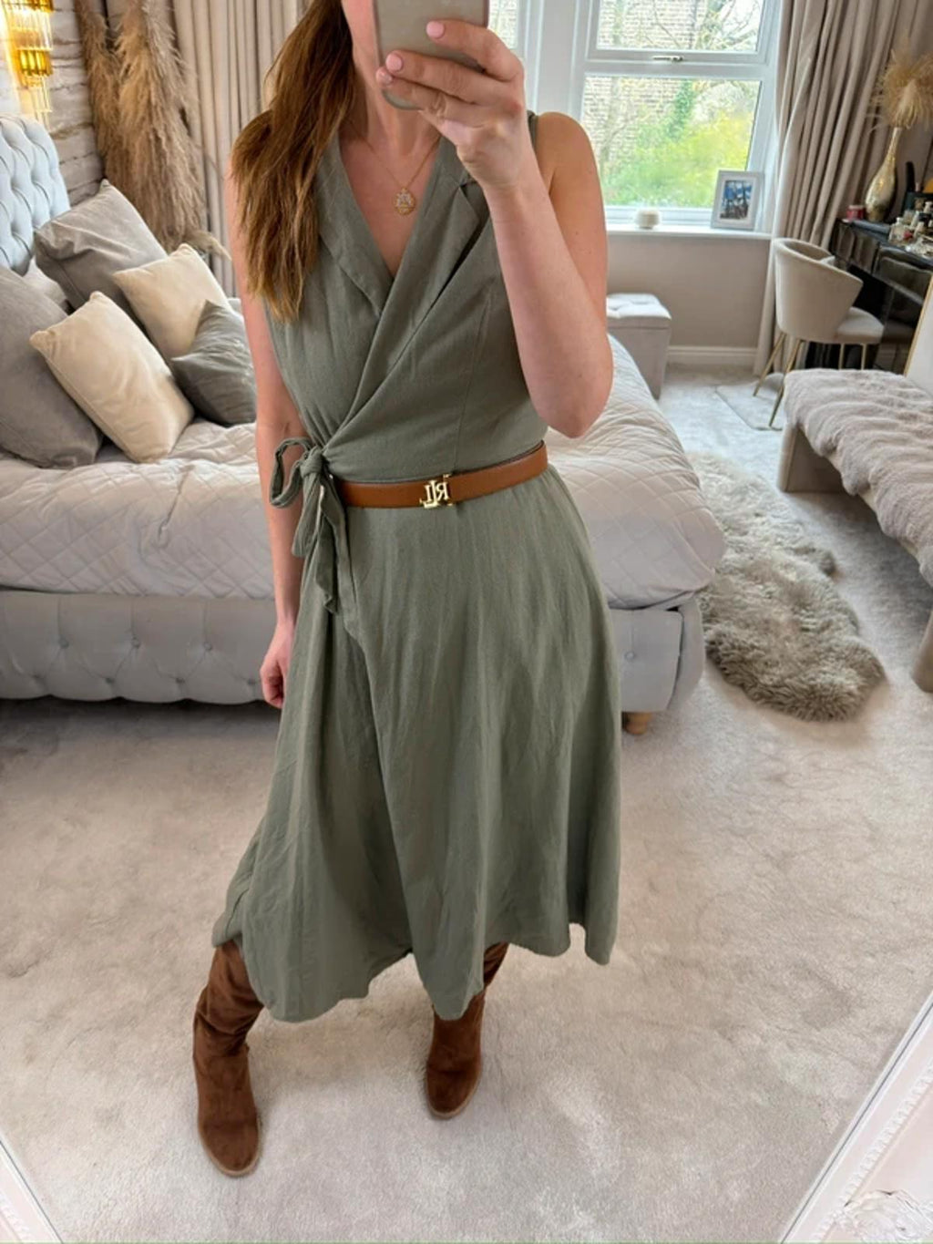 DKNY Khaki Linen Blend Wrap Dress 8