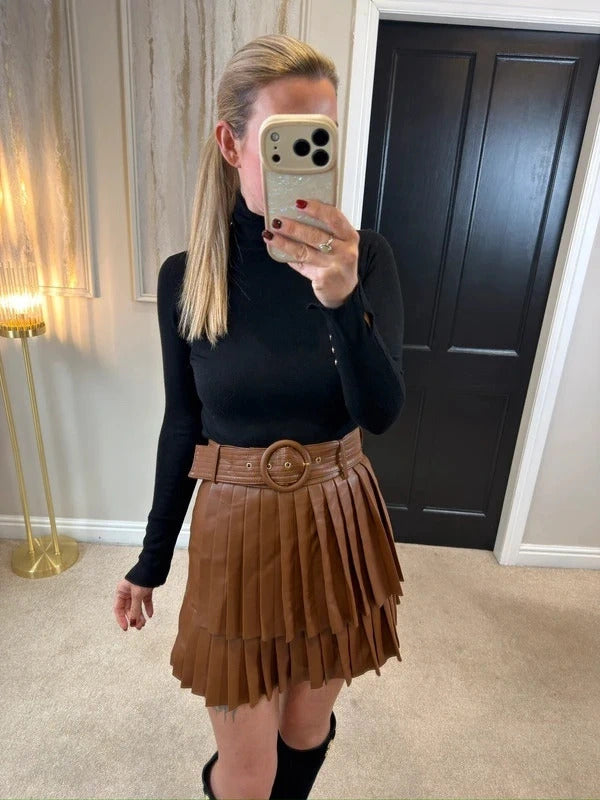 Zara Brown PU Leather Pleated Belted Skirt Small