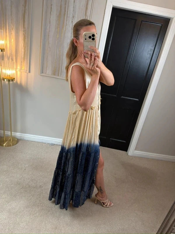 Gold & Silver Paris Beige & Navy Silver Sequin Maxi One Size