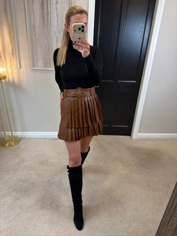 Zara Brown PU Leather Pleated Belted Skirt Small