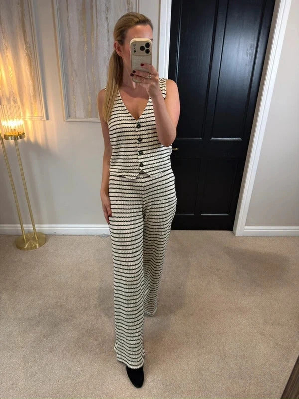 Mango Black & Cream Stripe Crochet Knitted Co Ord Set M/L