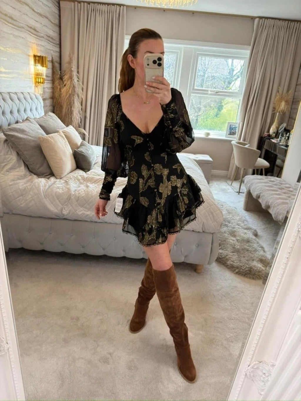 BNWT Black & Gold Frill Boho Mini Dress Petite 6