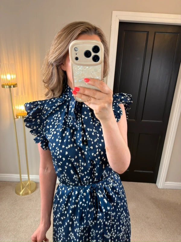 Anne Louise Boutique Navy & White Heart Frill Midi Dress 10
