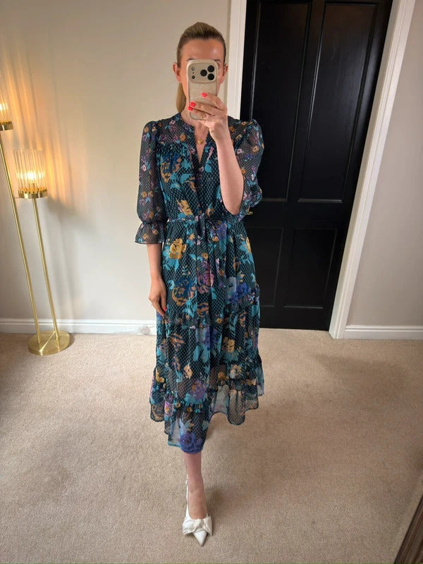 Next Navy Floral Tiered Frill Midi Dress 12