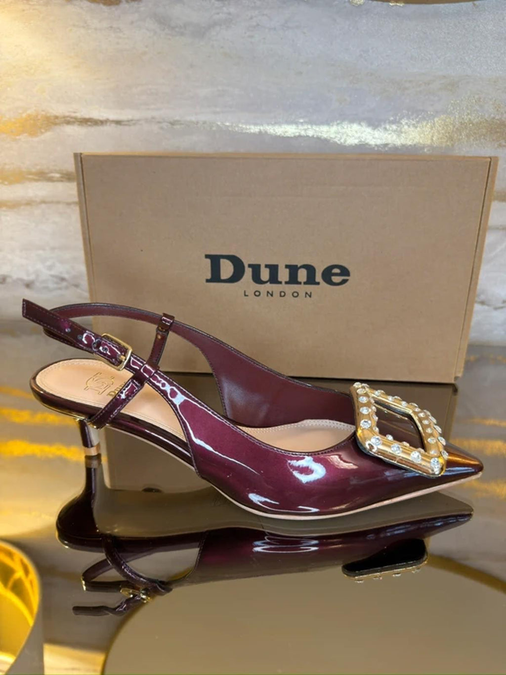 Dune Burgundy Patent Diamanté Heels 4