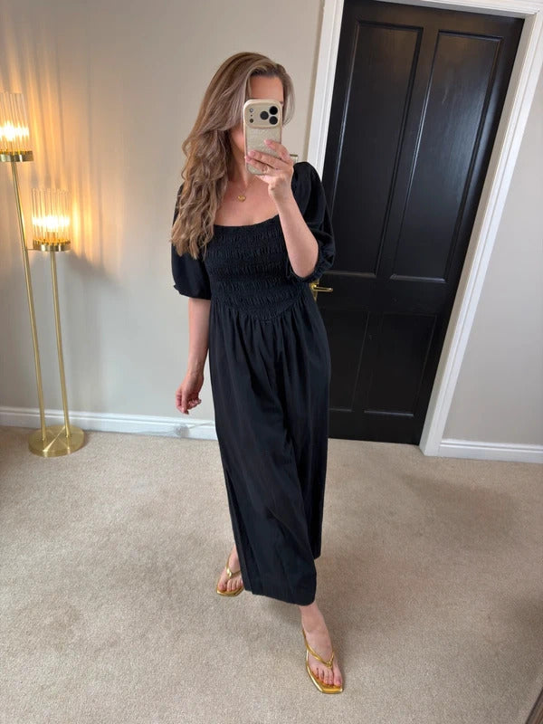 ASOS Navy Cotton & Linen Blend Wide Leg Cropped Jumpsuit 14/16