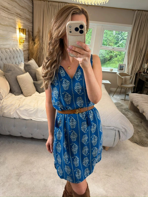 Beach Lunch Lounge Blue Tassel Boho Mini Dress XS
