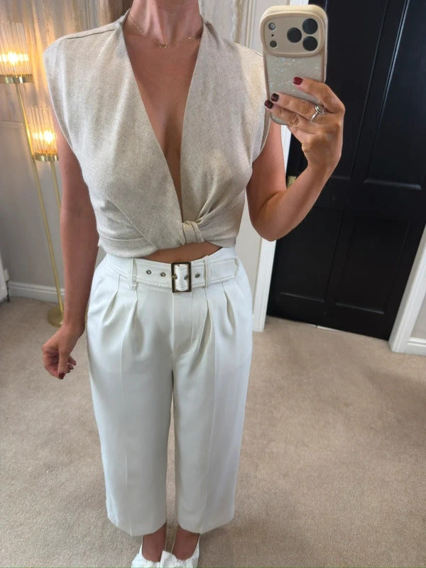 BNWT Zara Oatmeal Linen Blend Twist Front Blouse Small