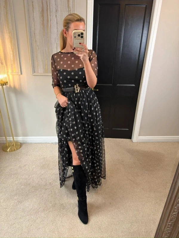 Floryday Black & White Polka Dot Mesh Maxi Dress Medium