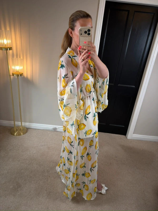 Alexandra Miro Chloe Gown Sorento White Lemon Maxi Kimono Small