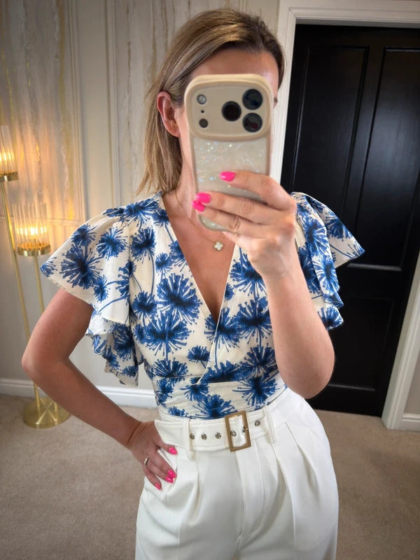 Zara Blue & White Frill Wrap Blouse Small