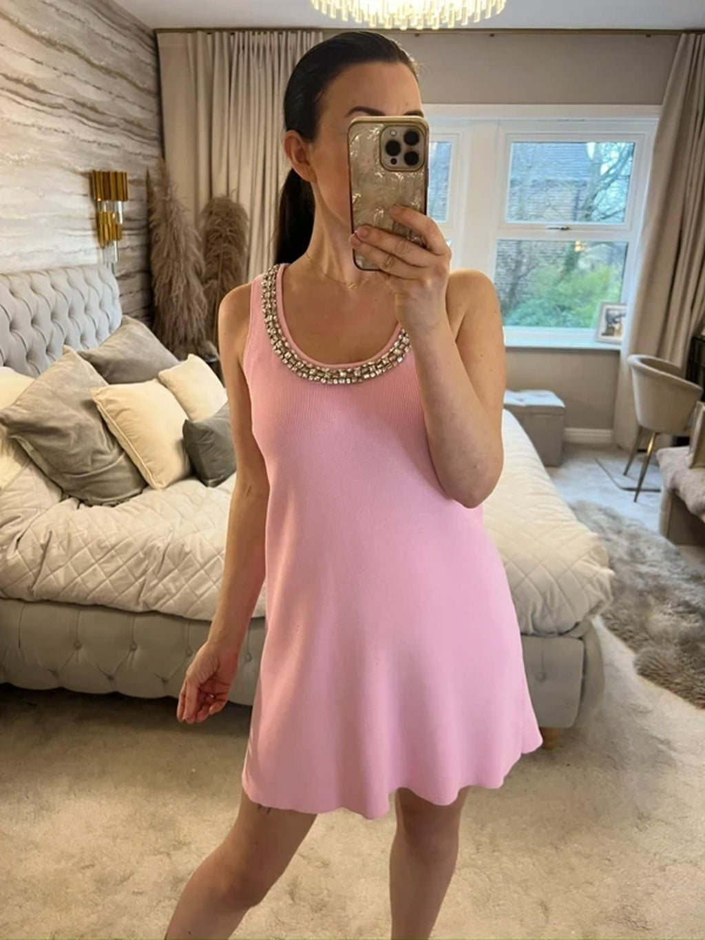 Zara Pink Knitted Embellished Mini Dress Small