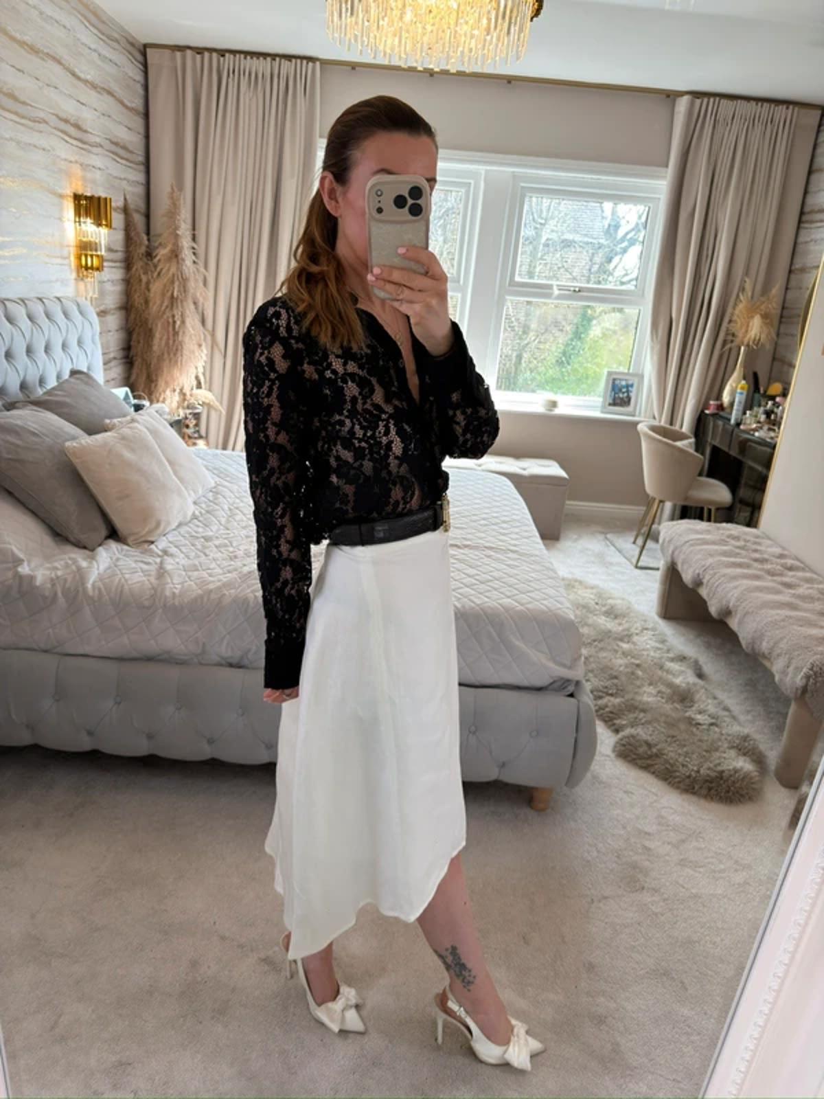 M&S White Linen Blend Dip Hem Midi Skirt 12