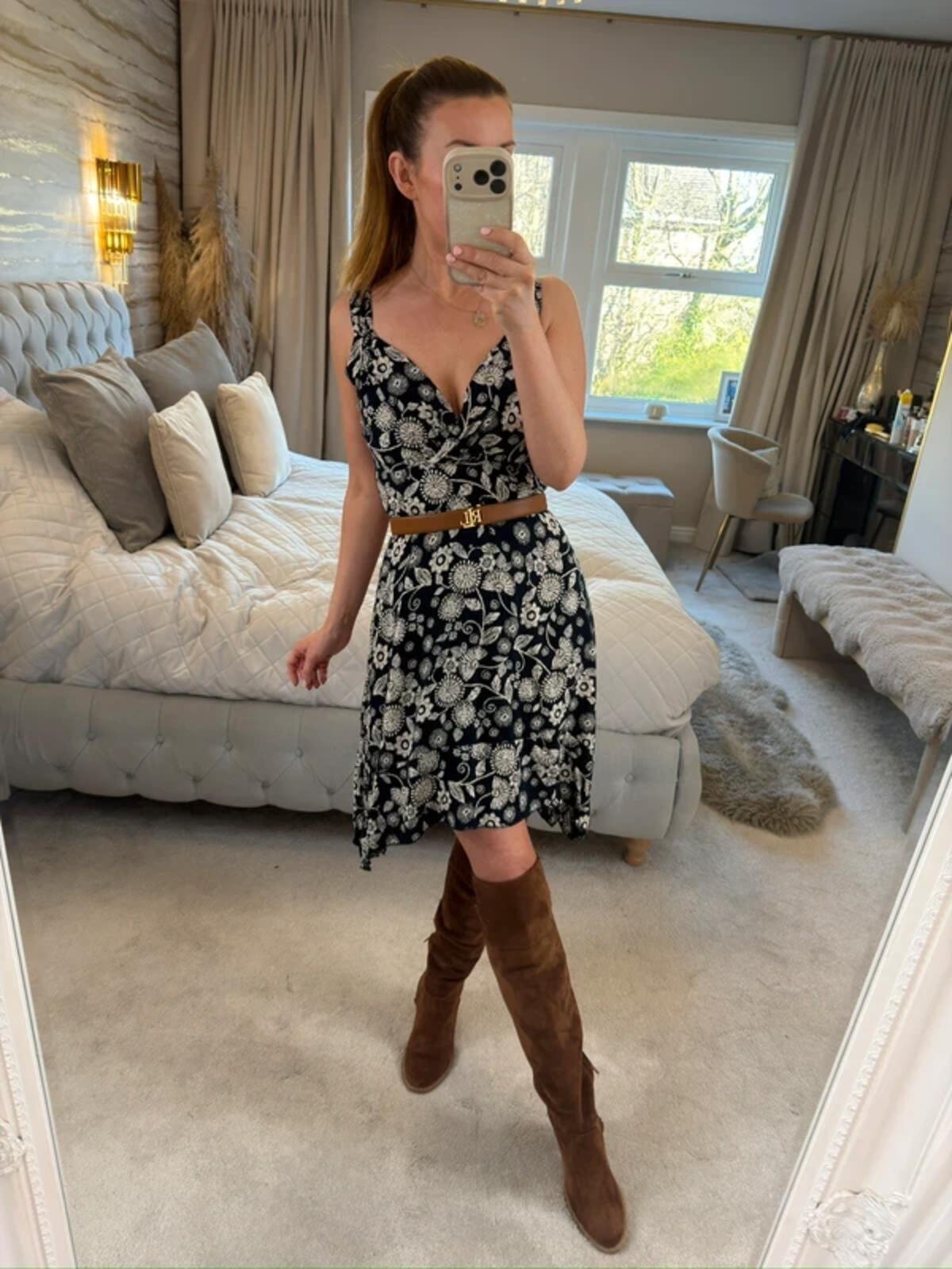 Apricot Navy Floral Asymmetrical Hem Dress 8