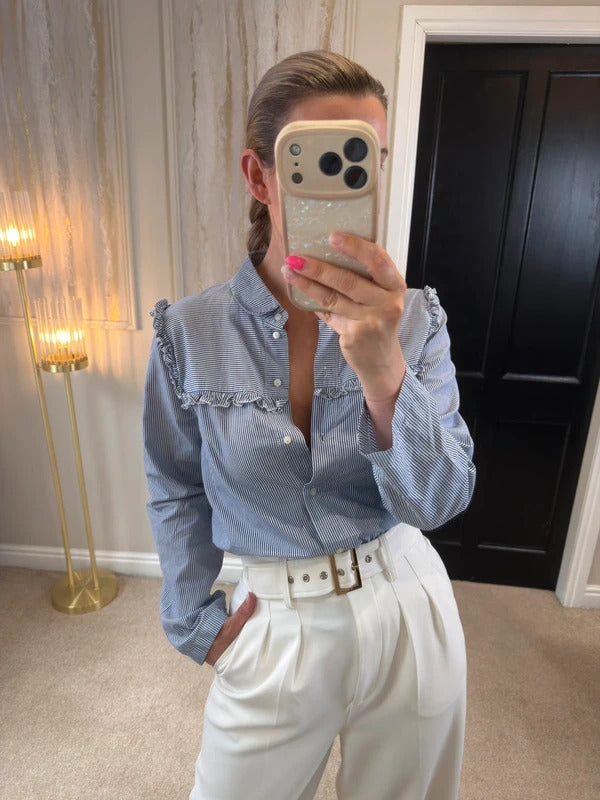 M&S Limited Edition Blue & White Stripe Frill Shirt Size 14