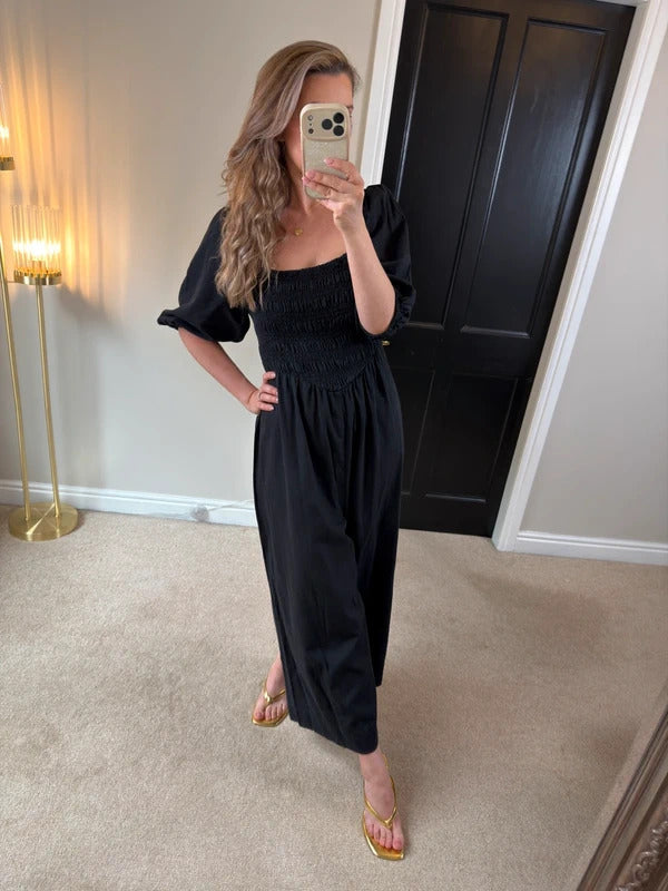 ASOS Navy Cotton & Linen Blend Wide Leg Cropped Jumpsuit 14/16