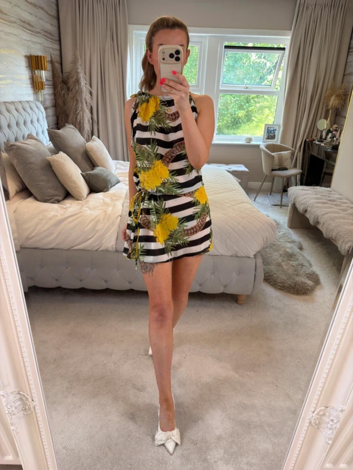 Bora Rosa Black Stripe Floral Print Sheer Cover Up / Mini Dress