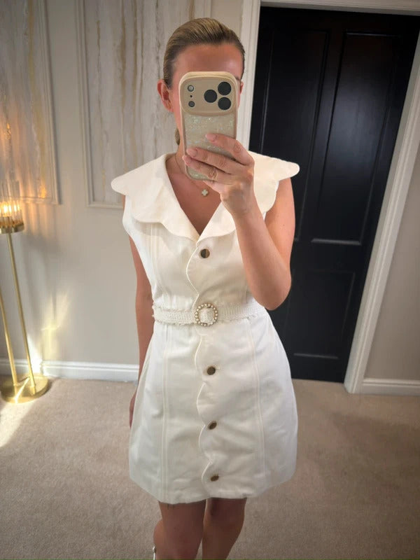 BNWT Vita Grace Sharna Scallop Hem White Denim Mini Dress Medium