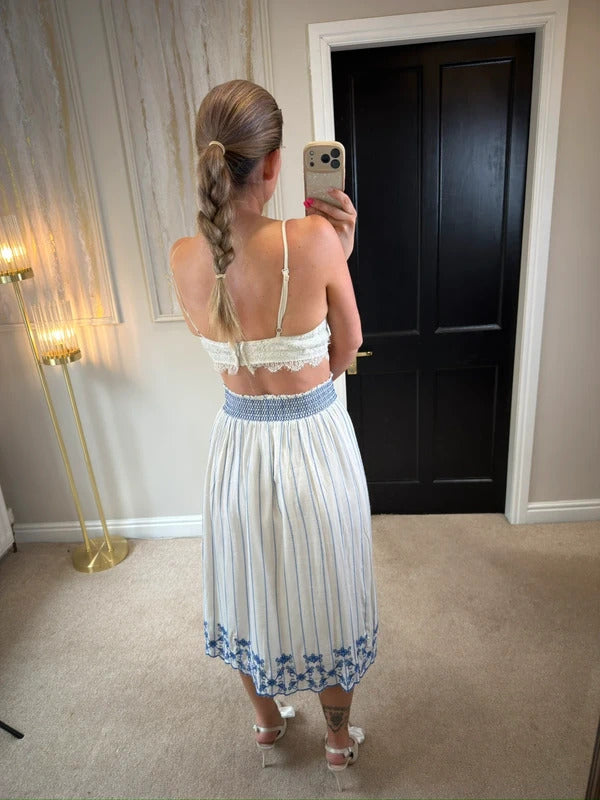 M&S White & Blue Embroidered Midi Skirt 12