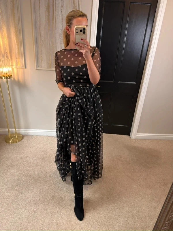 Floryday Black & White Polka Dot Mesh Maxi Dress Medium