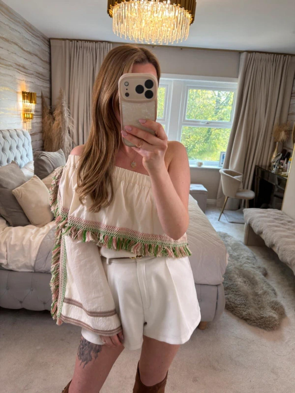 Celia Dragouni Cream Boho Tassel Blouse