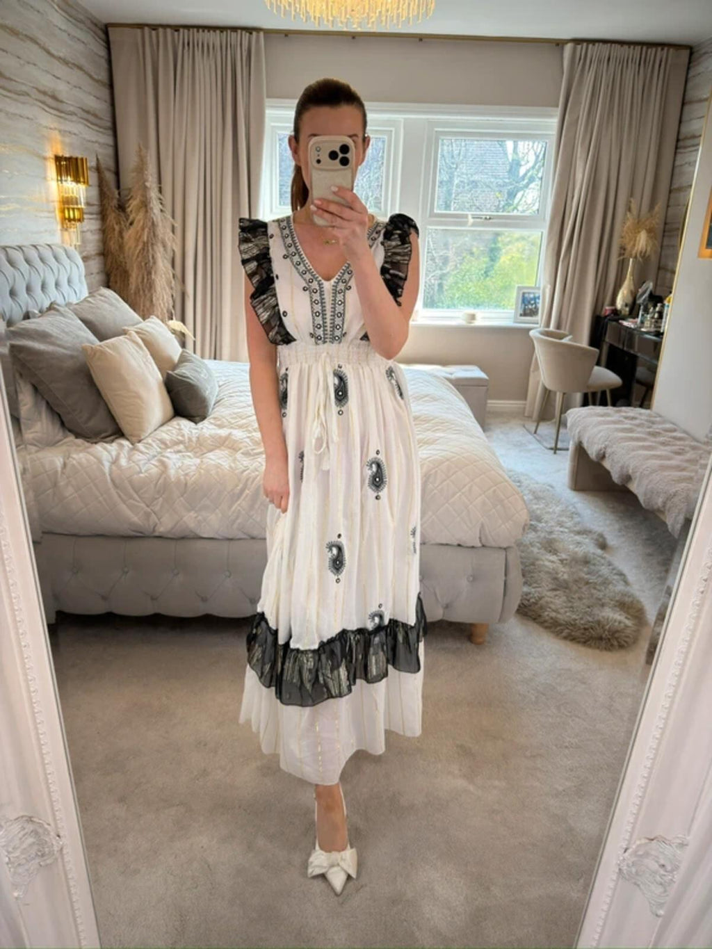 Boutique White & Black Boho Embellished Dress One Size