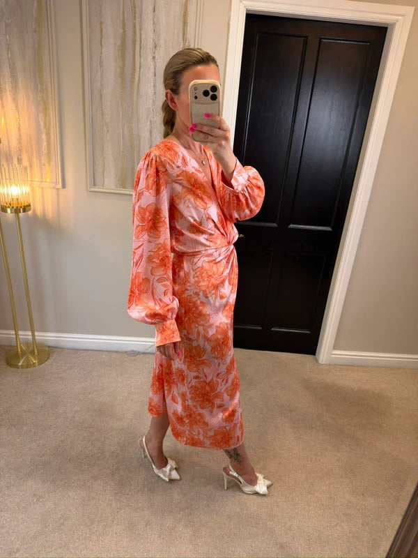 River Island Pink Floral Satin Knot Midi Dress 12