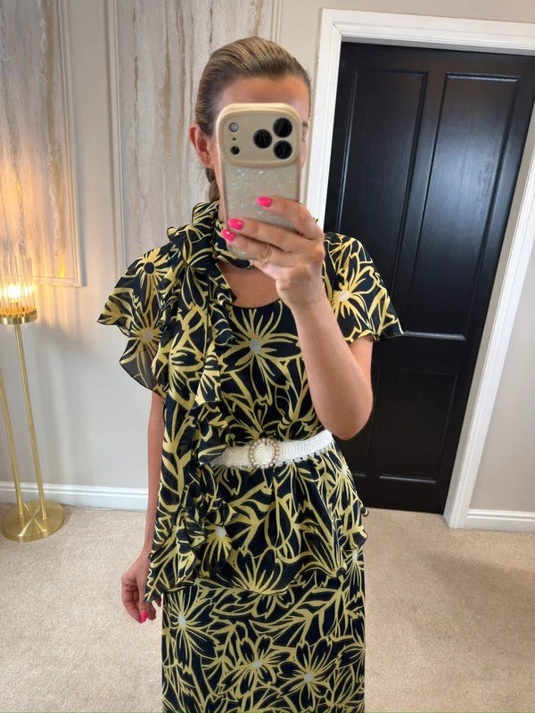 Vintage Roman Black & Butter Yellow Floral Frill Dress