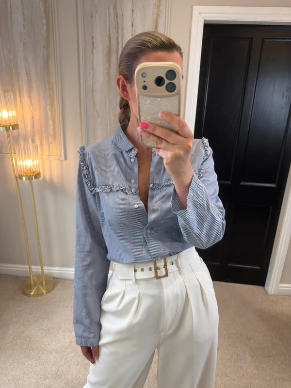 M&S Limited Edition Blue & White Stripe Frill Shirt Size 14