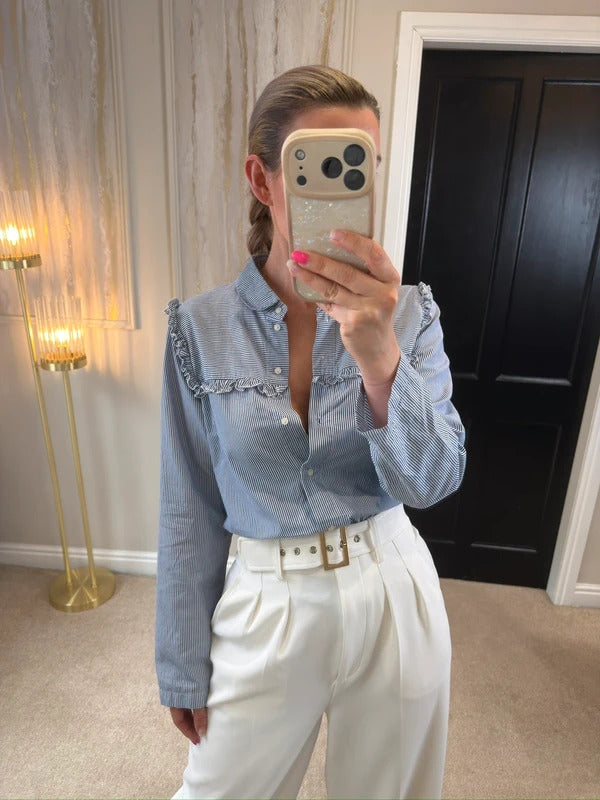 M&S Limited Edition Blue & White Stripe Frill Shirt Size 14