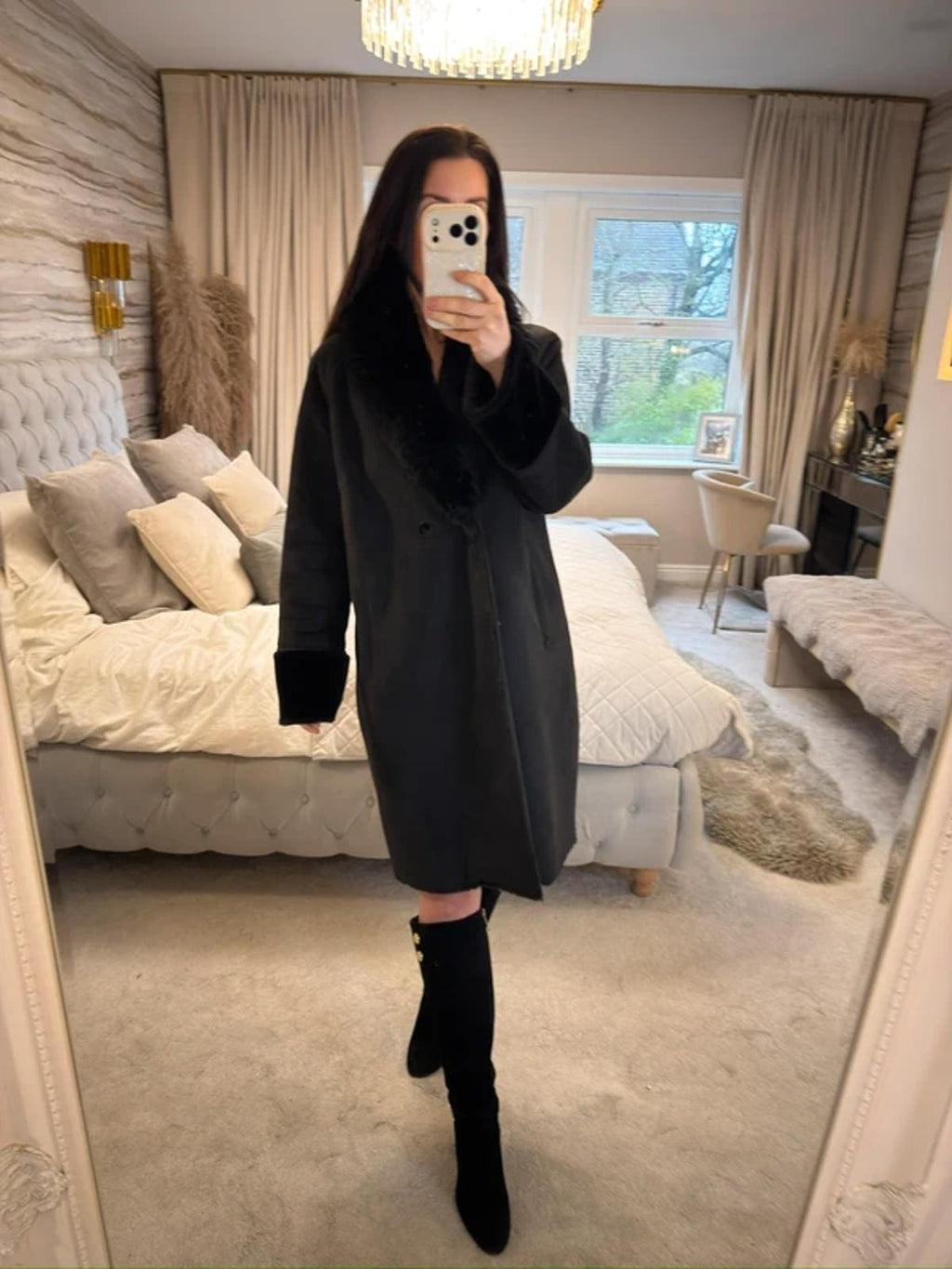Jigsaw Black Faux Fur Coat Medium