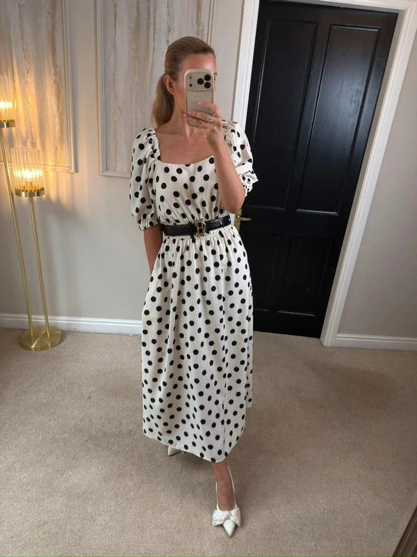 Flounce London Off White & Black Polka Dot Midi Dress 14